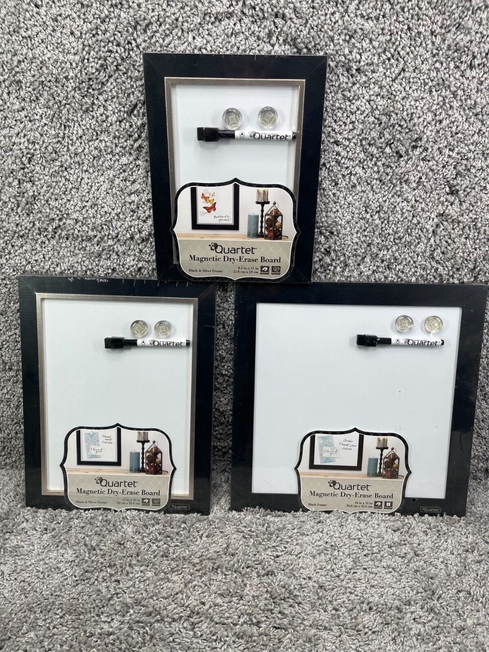 Set Of 3 Quartet Assorted Magnetic Dry Erase Board Black Silver Frame